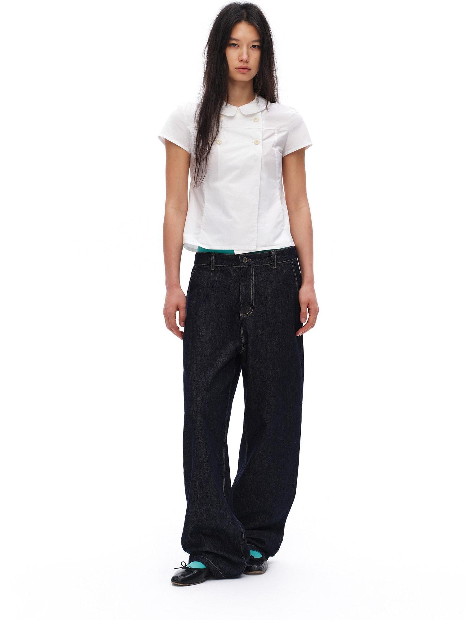 oinimi White Double Button Peter Pan Collar Slim Fit Short Sleeve Women&