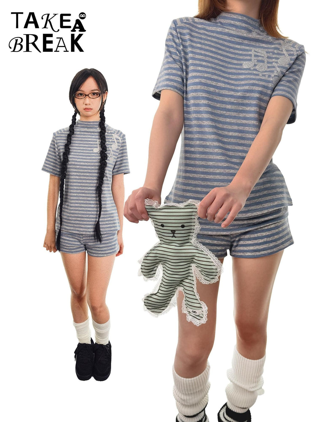 takeabreak Blue Grey Heather Striped Music Note Heat Transfer Women&