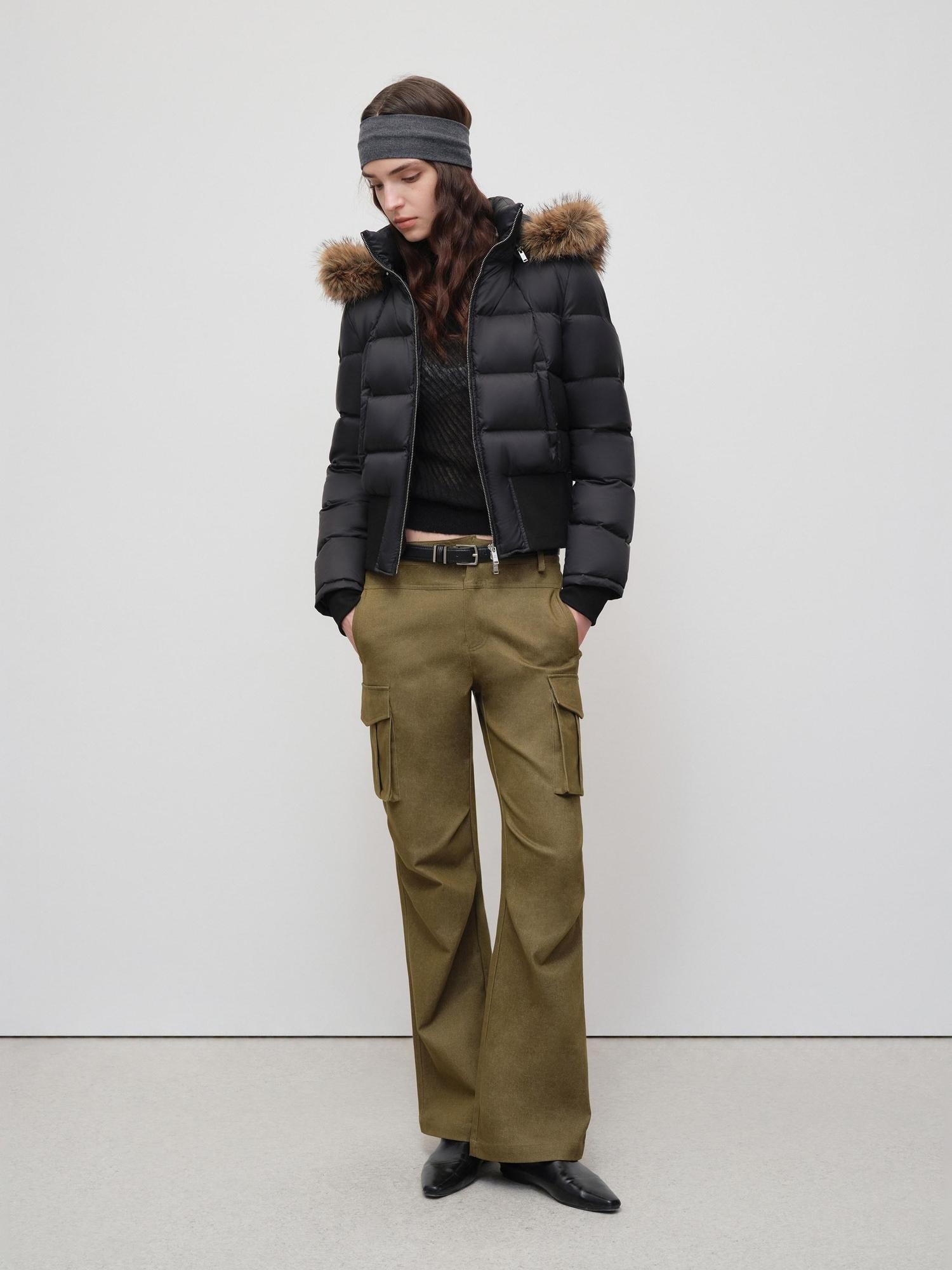 RUN TO THE FUTURE Warm 90 Percent White Duck Slim Hooded Fur Collar Black Women Zip Down Jackets