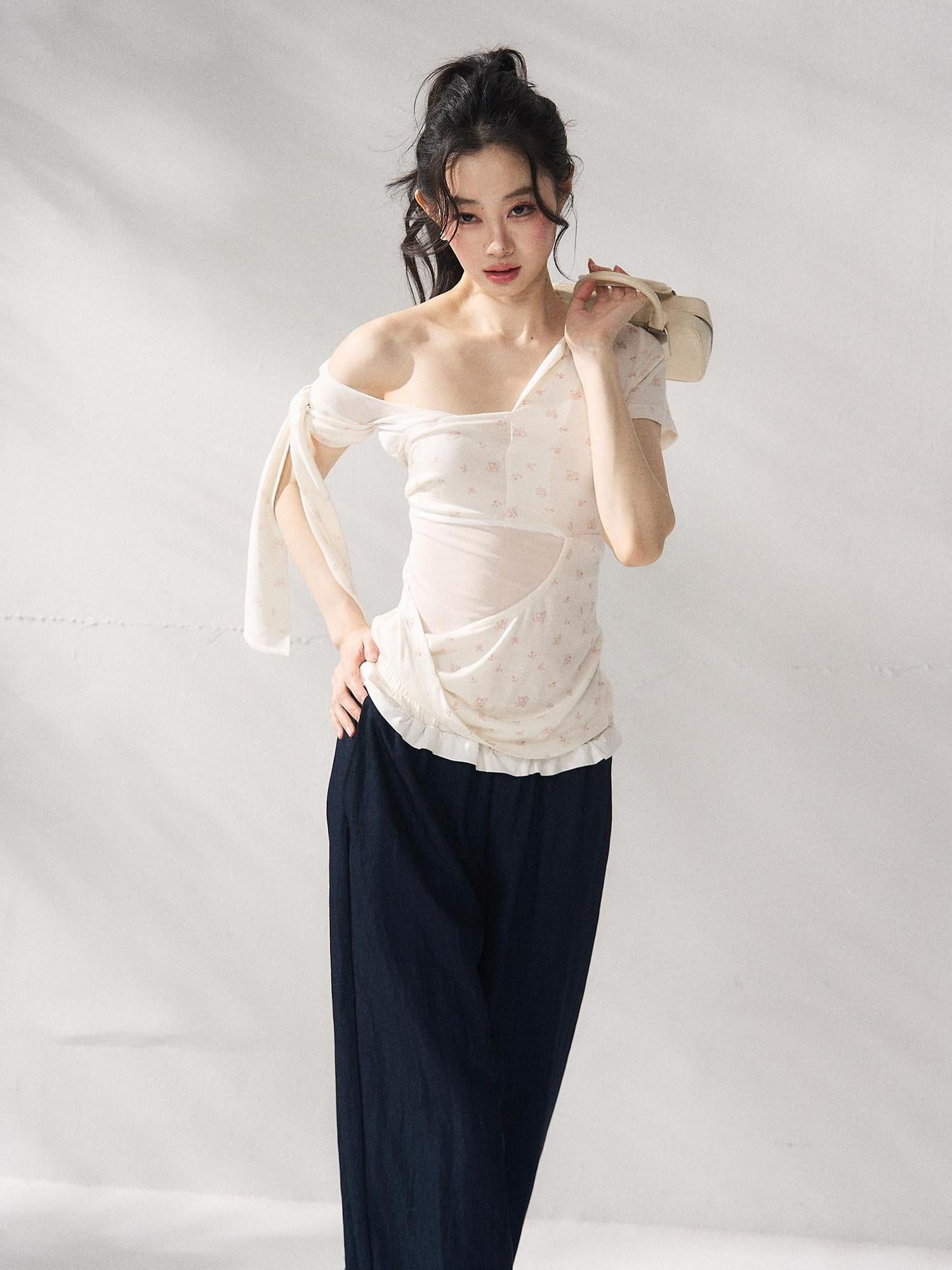 7Shiftin Floral Tie Slim Fit Casual Asymmetrical Neck Short Sleeve Women Basic Crop Tops