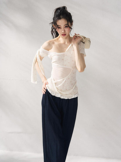 7Shiftin Floral Tie Slim Fit Casual Asymmetrical Neck Short Sleeve Women Basic Crop Tops