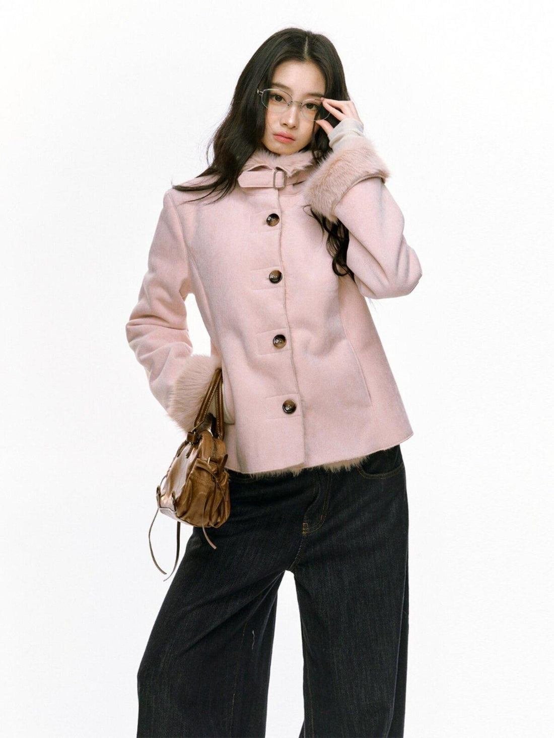 7Shiftin Fleece Lined Original Slim Stand Collar Button Coffee Pink Cropped Jackets