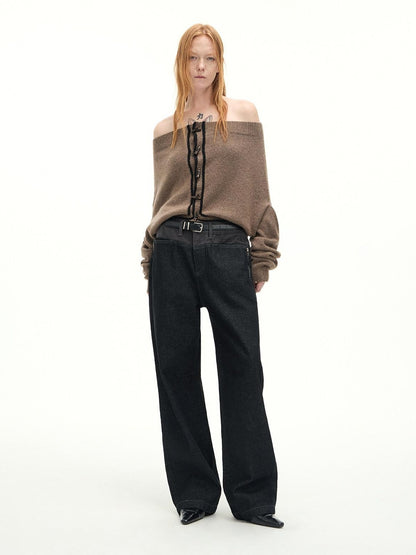 RUN TO THE FUTURE Casual Patchwork Low Waist Loose Women Black Cotton Wide-Leg Jeans