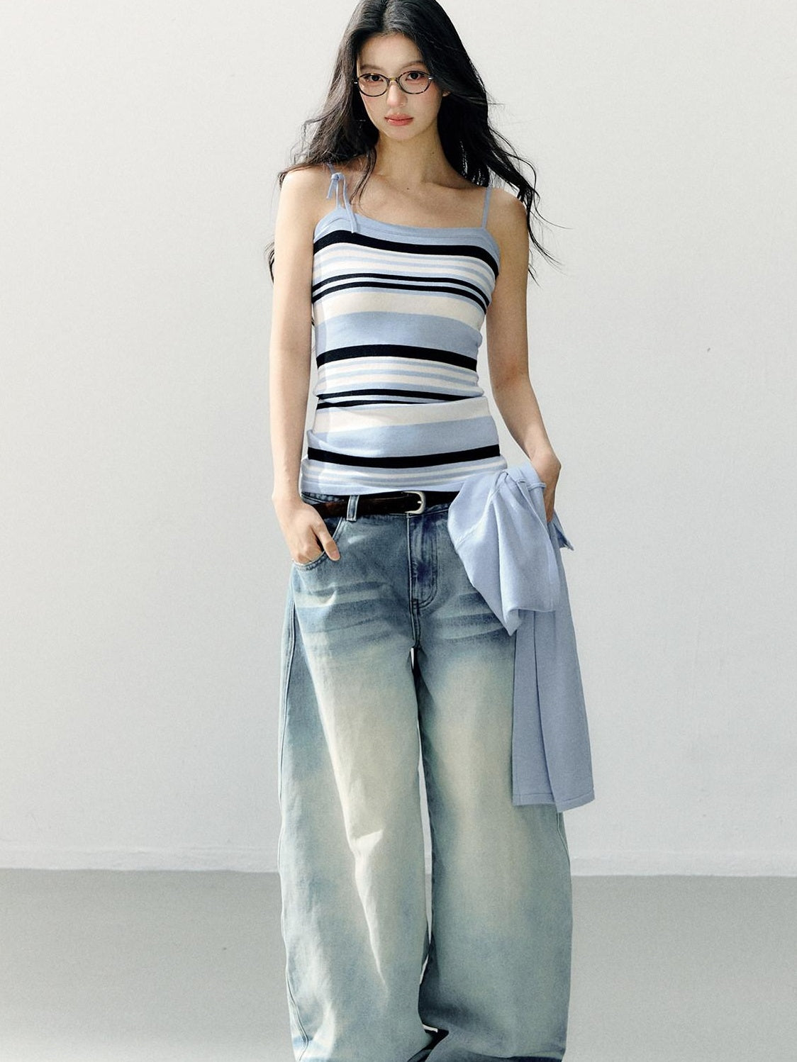 7Shiftin Striped Two Piece Cardigan And Camisole Casual Women Blue Long Sleeve T-Shirts