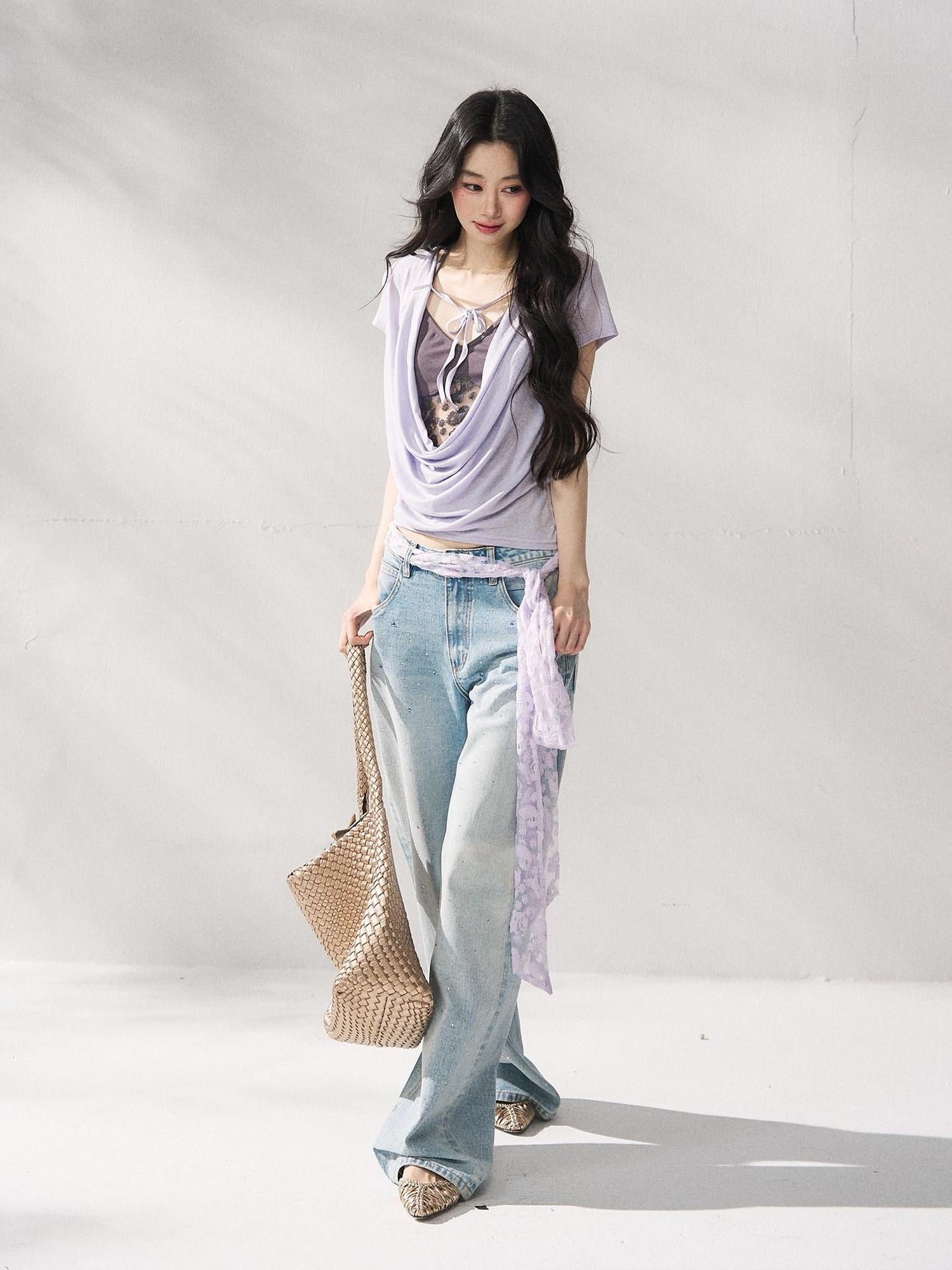 7Shiftin Purple Tie Front Relaxed Crew Neck Short Sleeve Casual Women Basic Crop Tops