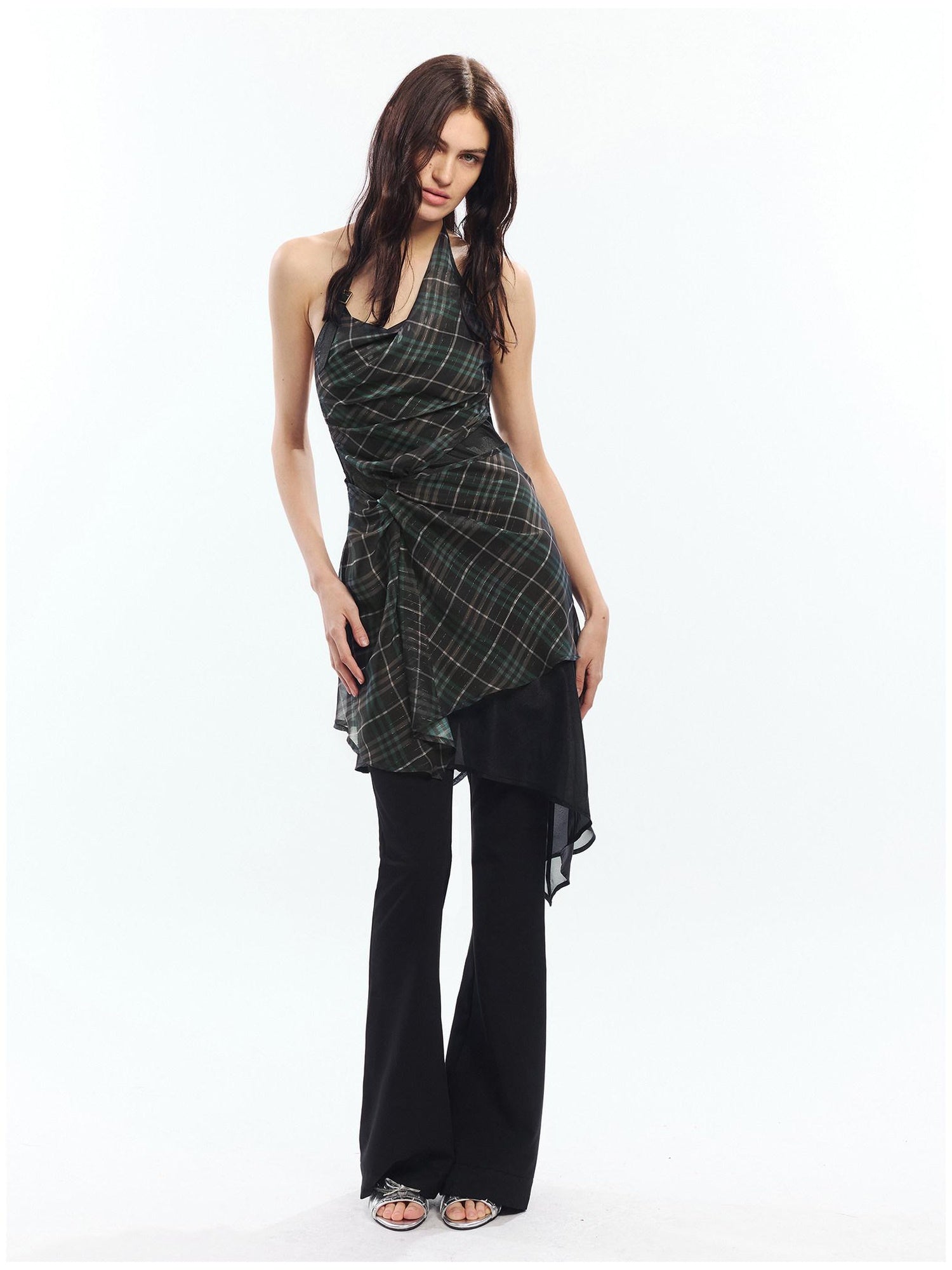 2th Desire High Waist Vintage Plaid A Line Spaghetti Strap City Slim Slip Mini Dresses