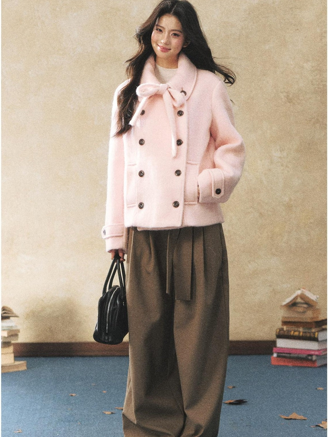 7Shiftin Warm Casual Fitted Waist Bow Detail Double Breasted Cropped Women Knit Sweaters