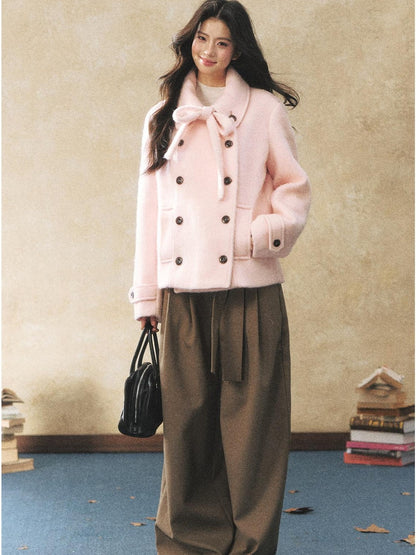 7Shiftin Warm Casual Fitted Waist Bow Detail Double Breasted Cropped Women Knit Sweaters