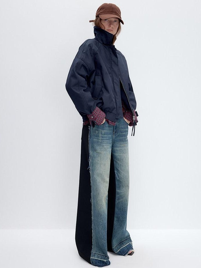 RUN TO THE FUTURE Washed Low Rise Wide Leg Loose Blue Black Denim Zipper Fly Straight Jeans