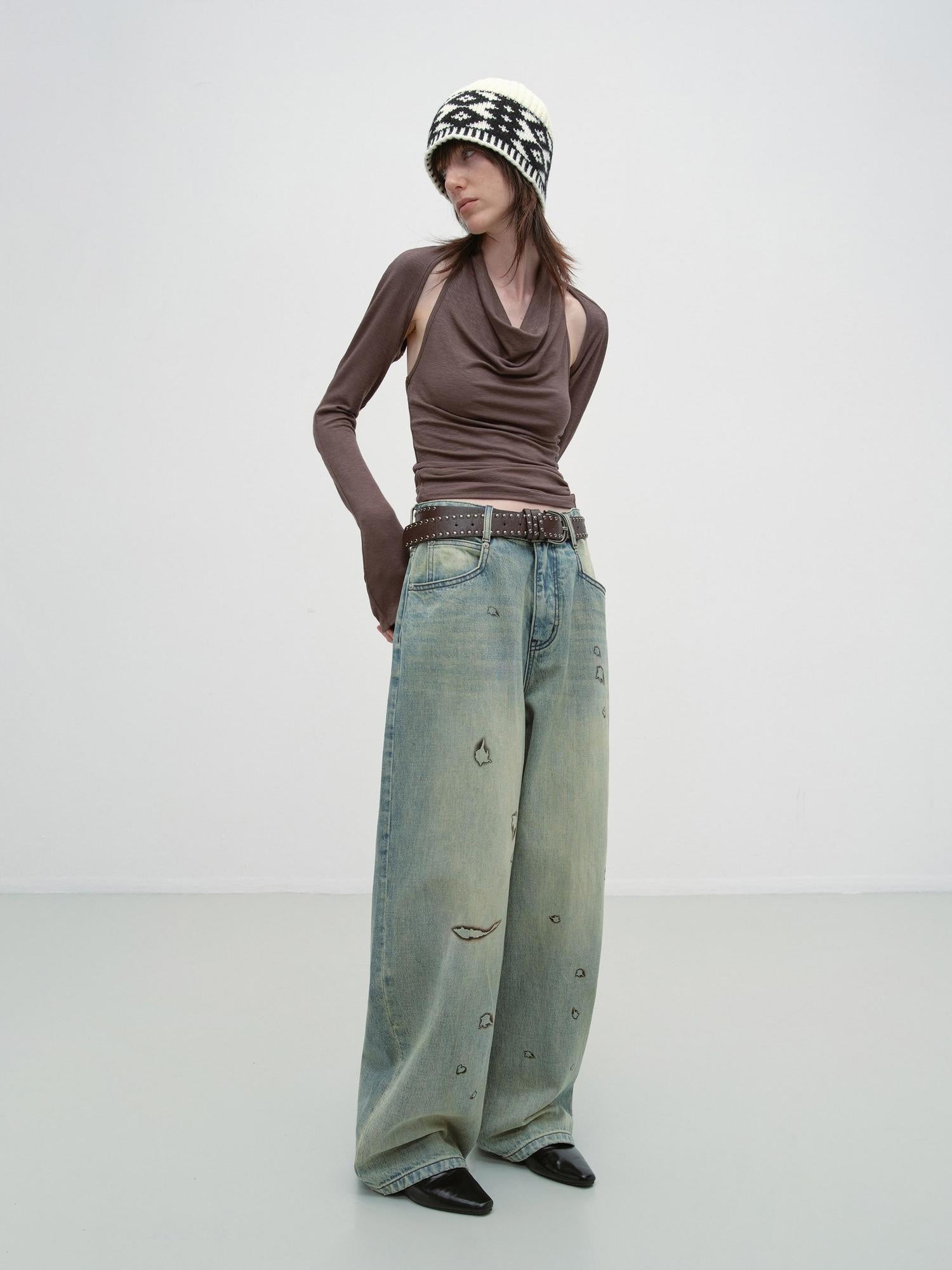 RUN TO THE FUTURE Durable Washed Low Rise Asymmetrical Vintage Unisex Printed Denim Wide-Leg Jeans