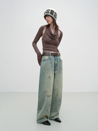 RUN TO THE FUTURE Durable Washed Low Rise Asymmetrical Vintage Unisex Printed Denim Wide-Leg Jeans