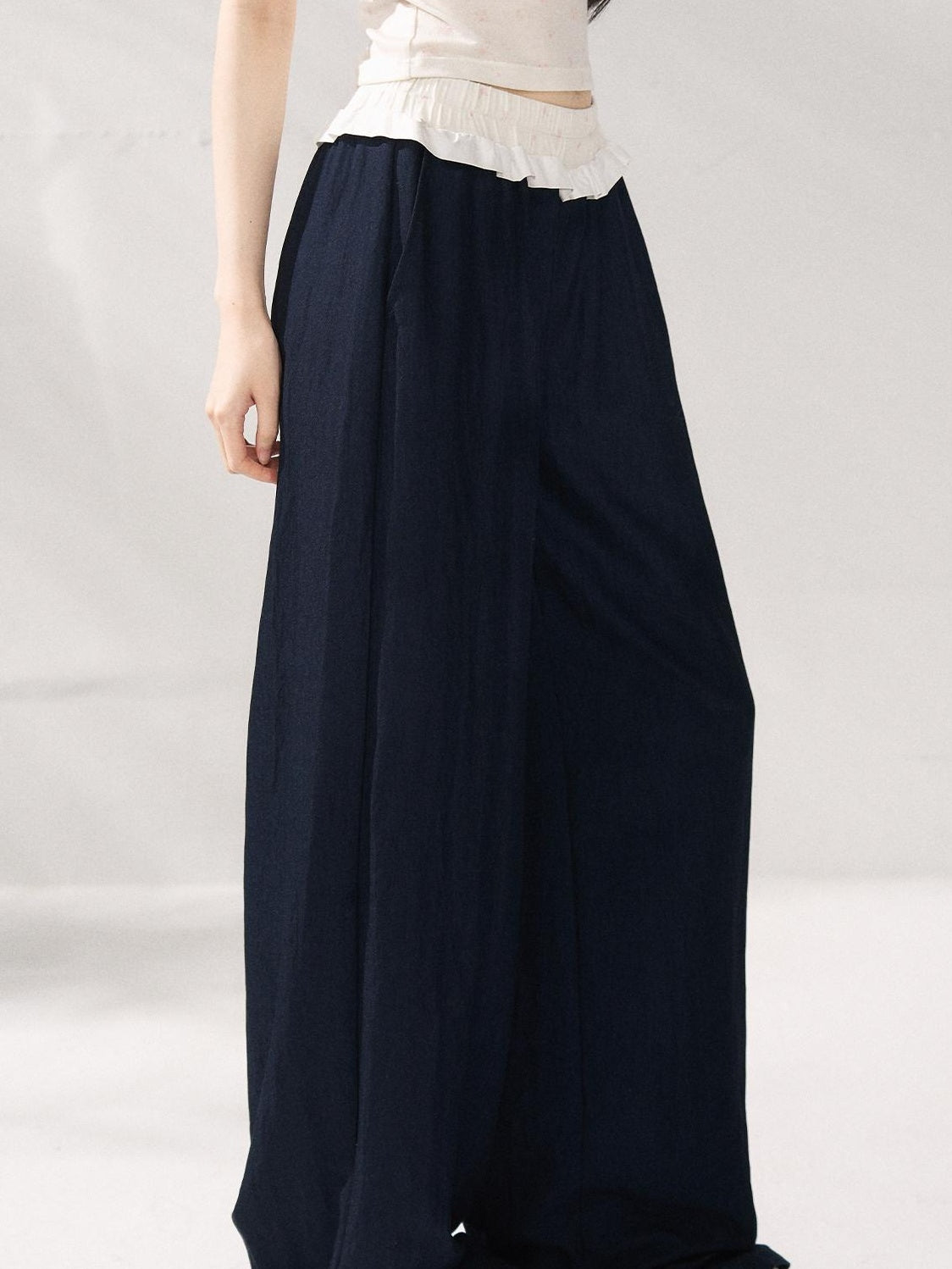 7Shiftin Nylon Cotton Blend Relaxed Natural Waist Women Solid Navy Wide Leg Pants