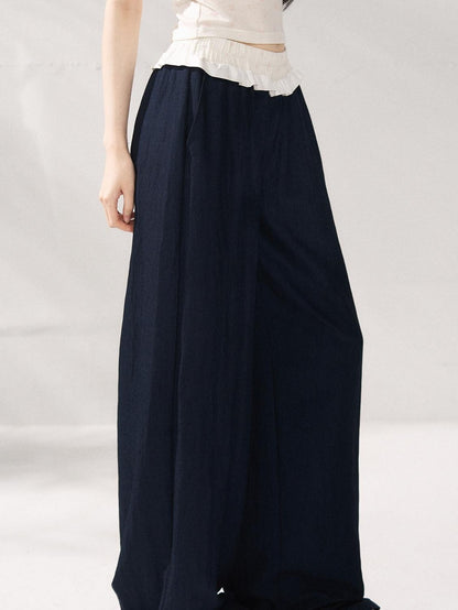 7Shiftin Nylon Cotton Blend Relaxed Natural Waist Women Solid Navy Wide Leg Pants