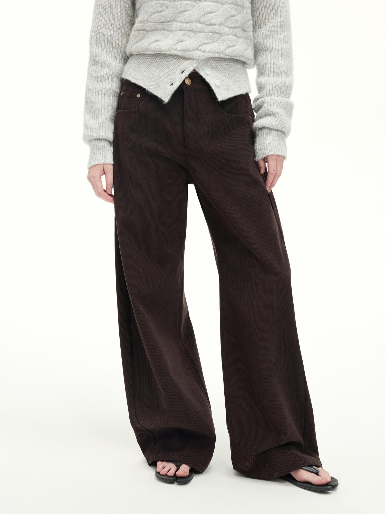 RUN TO THE FUTURE Casual Mid Low Waist Zip Fly Polyester Women Deep Brown Wide-Leg Pants