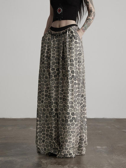 INDULGE Durable Viscose Blend Vintage Patchwork Abstract Pockets Women Wide-Leg Pants