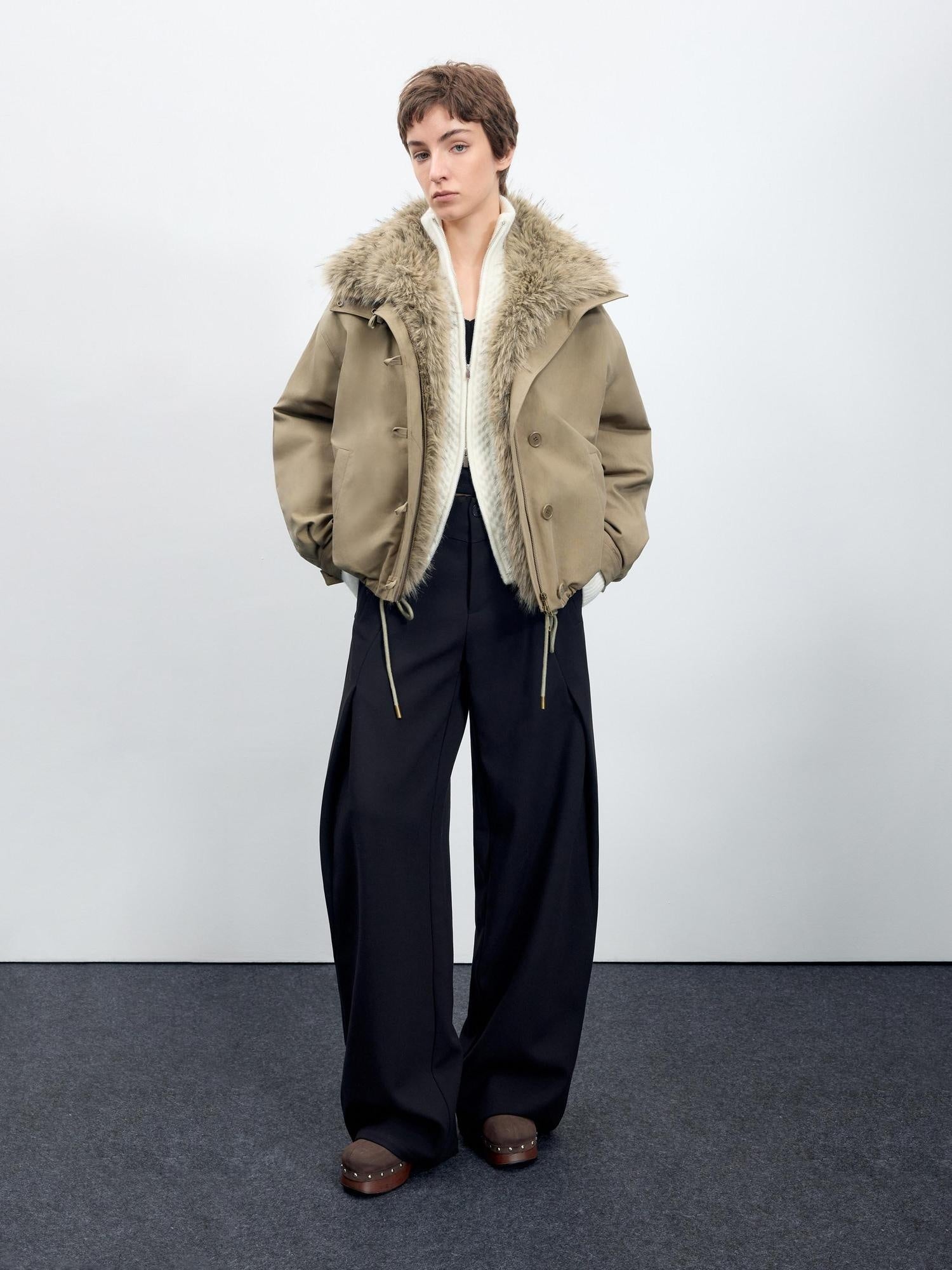 RUN TO THE FUTURE Thick Cotton Fill Fur Collar Loose Fit Commuter Solid Zip Puffer Jackets