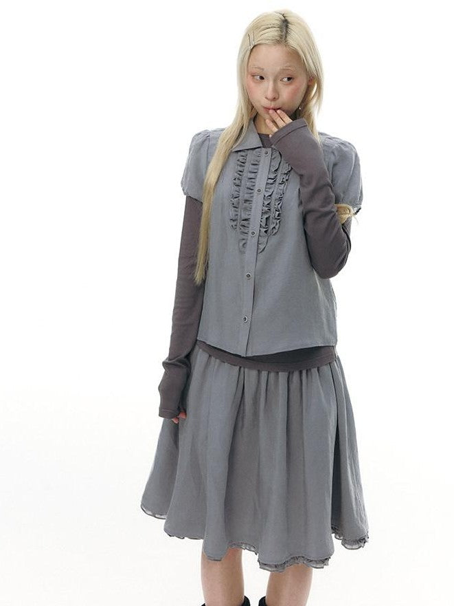 NAPSNAPS Gray Blue Lace Puff Sleeves Cardigan Women&