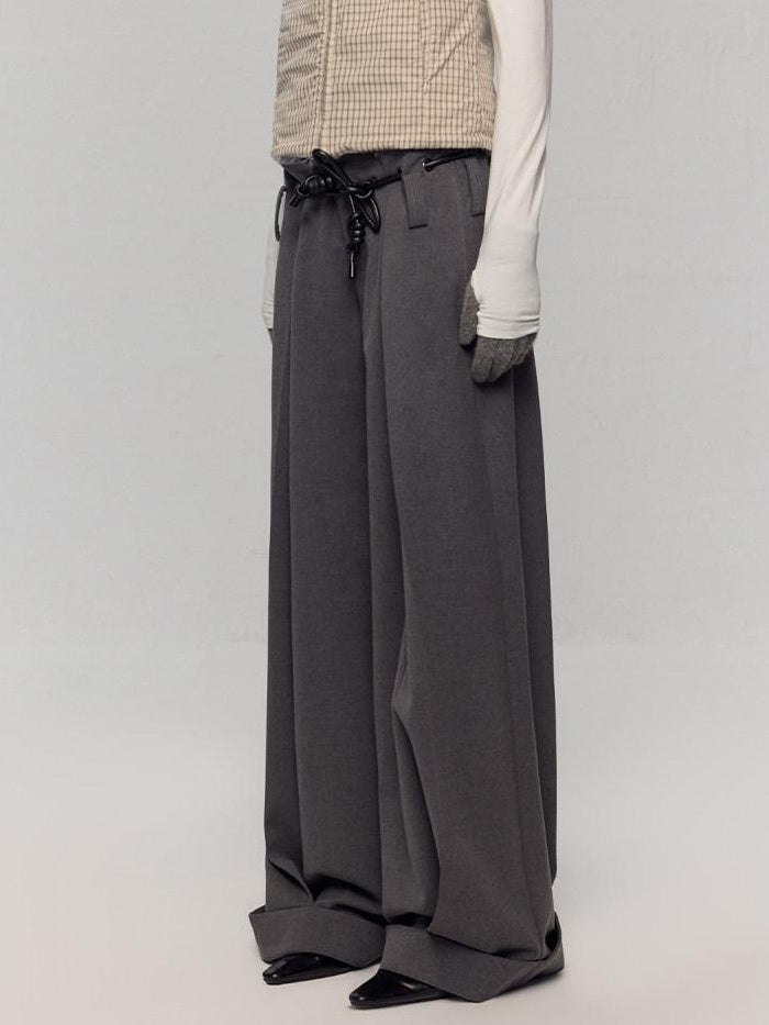 RUN TO THE FUTURE Minimalist Original Tie Detail Low Rise Zipper Women Rock Gray Wide-Leg Pants