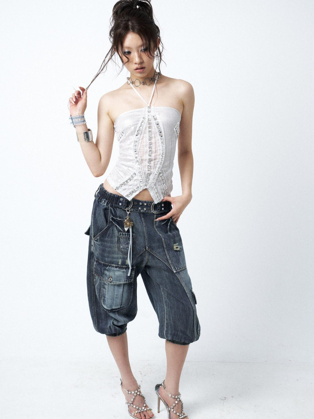 OPEN AESTHETIC Waterwashed Distressed Rhinestone Women&