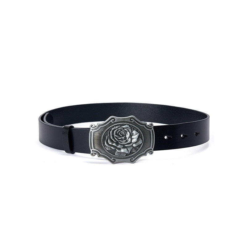 AnnoMundi Ceinture en cuir de vachette pleine fleur Black Vintage Rose Original Indie pour femmes
