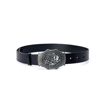AnnoMundi Ceinture en cuir de vachette pleine fleur Black Vintage Rose Original Indie pour femmes