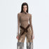 The NeverMore Brushed Viscose Spandex Sexy Slim Half Open Collar Long Sleeve Crop Tops