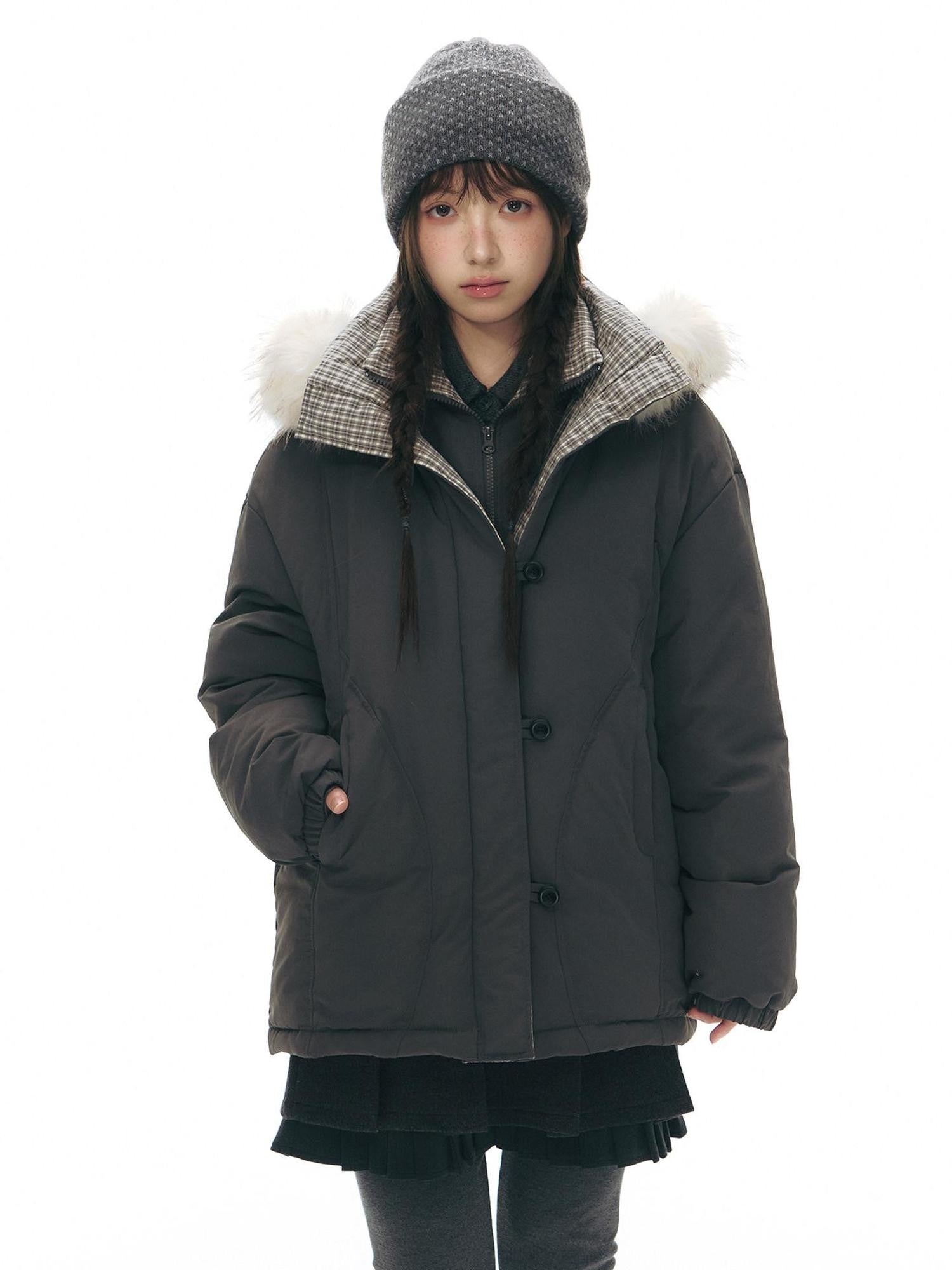 NAPSNAPS White Fur Hooded Double Collar Faux Two Piece Women&