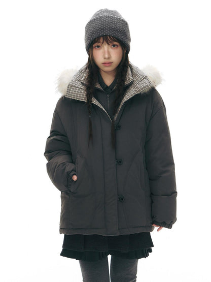 NAPSNAPS White Fur Hooded Double Collar Faux Two Piece Women&
