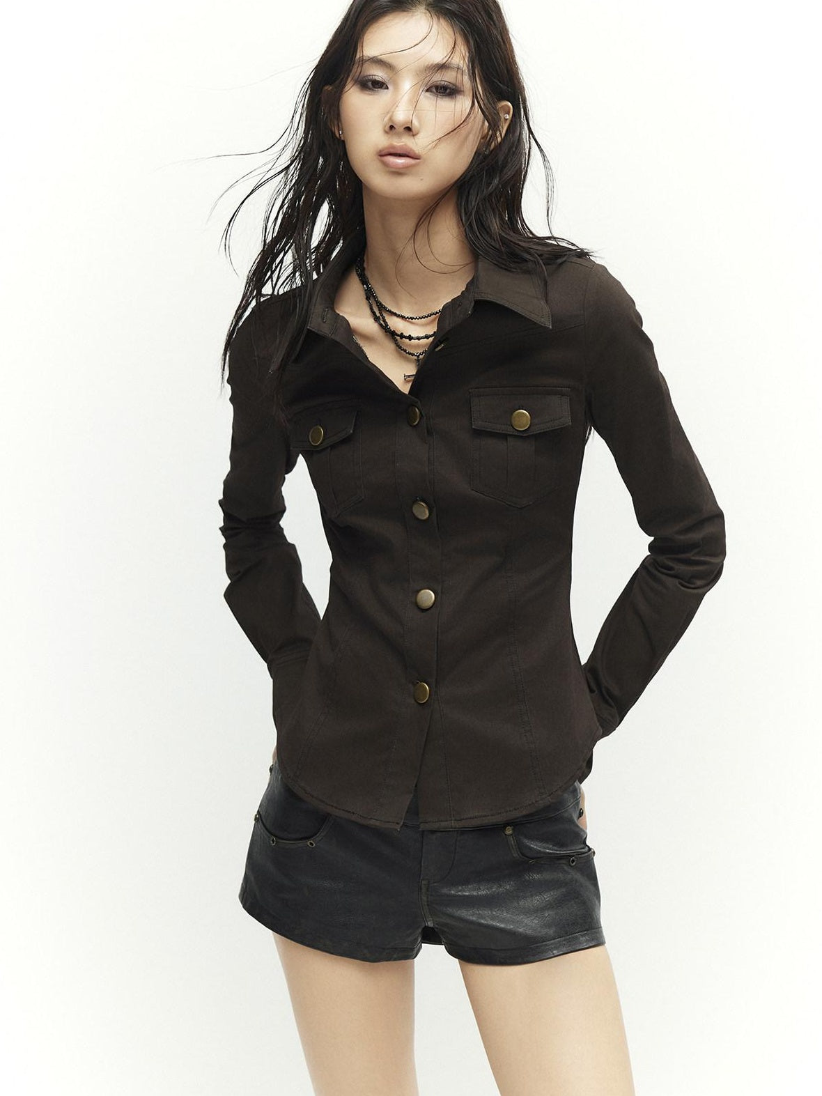 Low pixel Soft Vintage Slim Fit Button Front Collared Long Sleeve Cotton Back Print Shirts