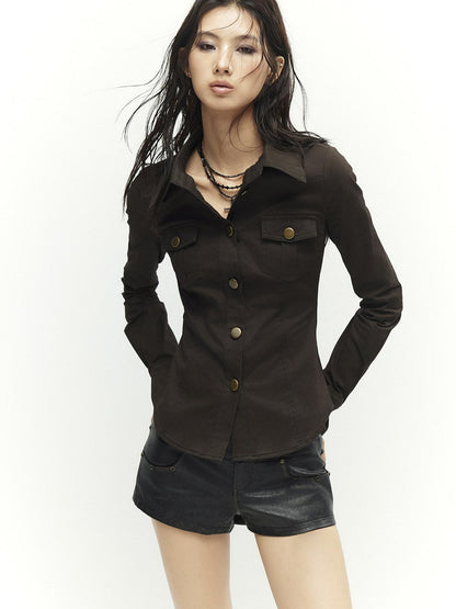 Low pixel Soft Vintage Slim Fit Button Front Collared Long Sleeve Cotton Back Print Shirts