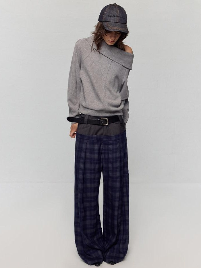 RUN TO THE FUTURE Original Double Waist Pockets Low Rise Wide Leg Women Blue Grey Plaid Chinos