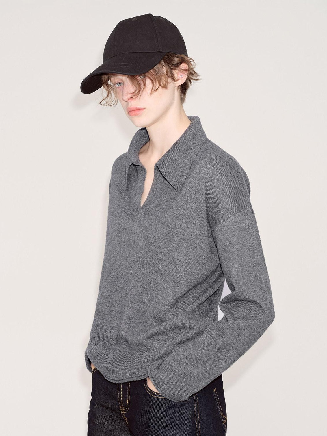 RUN TO THE FUTURE Acrylic Loose Fit Polo Collar Office Commuter Grey Pullover Long Sleeve T-Shirts