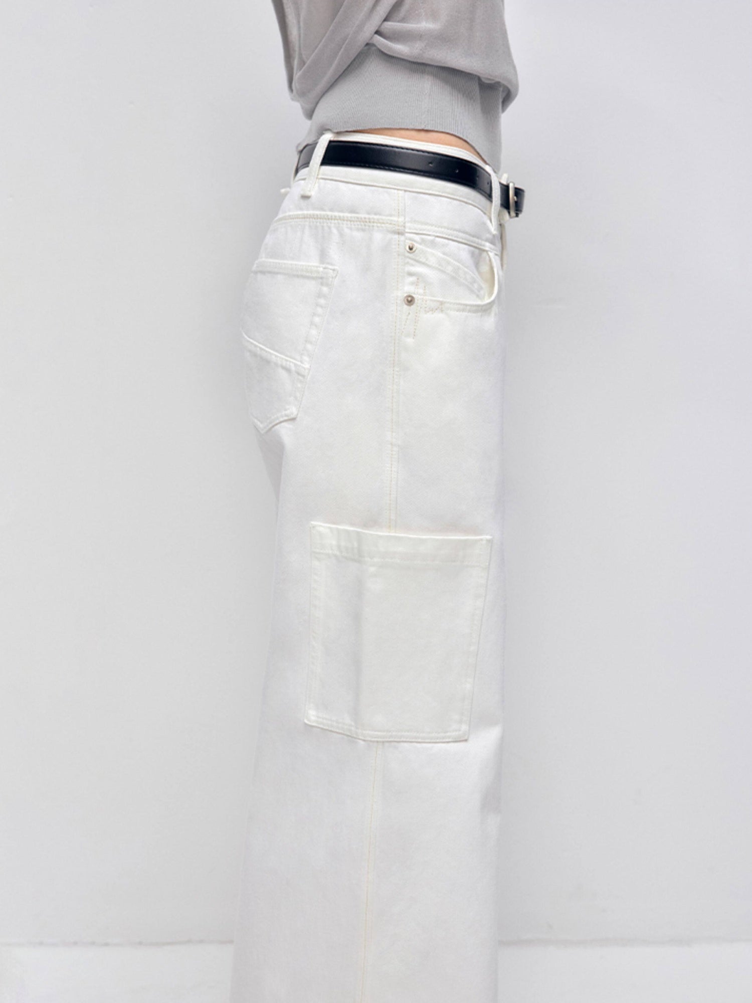RUN TO THE FUTURE Low Rise 96 Percent Cotton Casual Loose Fit White Denim Wide-Leg Jeans