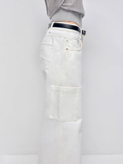 RUN TO THE FUTURE Low Rise 96 Percent Cotton Casual Loose Fit White Denim Wide-Leg Jeans