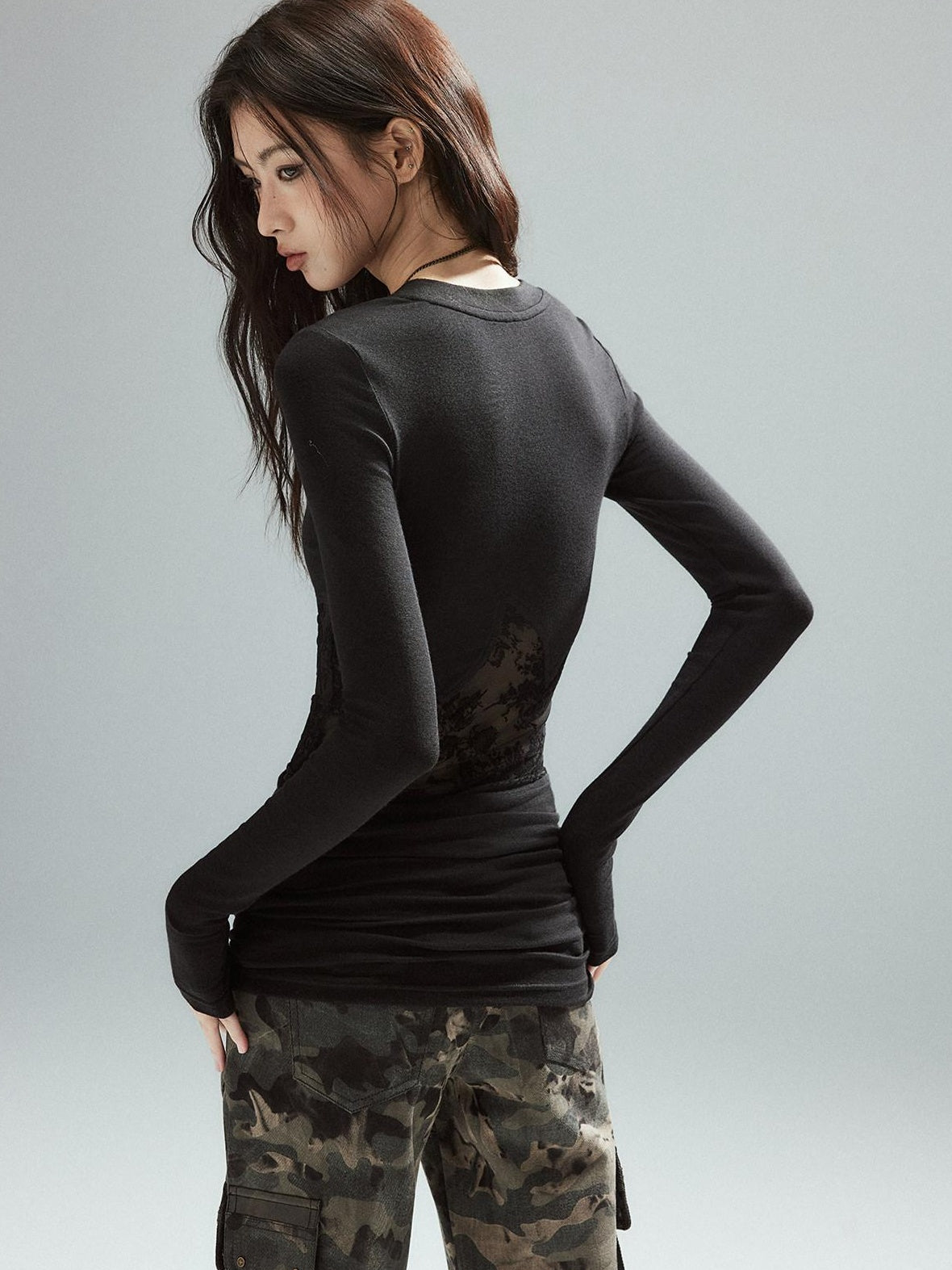 Low pixel Asymmetrical Patchwork Slim Streetwear Black Lyocell Long Sleeve T-Shirts