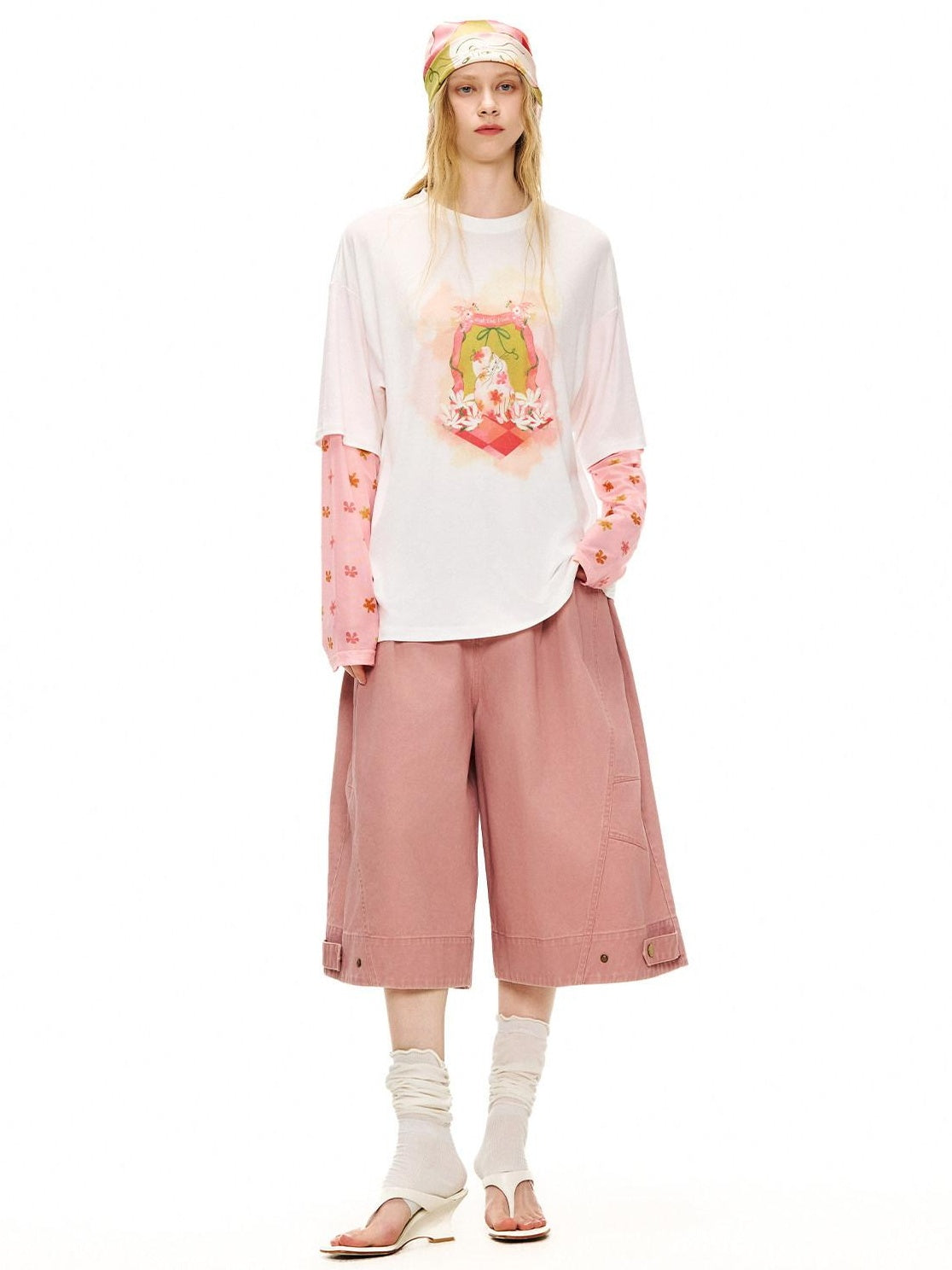 OuttheBlue Cat Garden Print Casual Loose Drop Shoulder Round Neck Long Sleeve T-Shirts