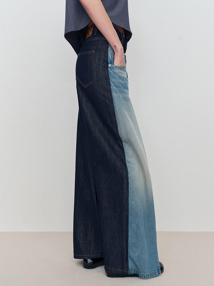 RUN TO THE FUTURE Durable Washed Denim Casual Loose Natural Waist Zipper Fly Blue Wide-Leg Jeans