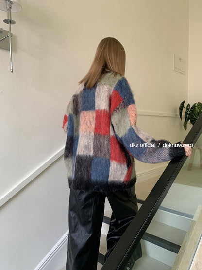 DKZ OFFICIAL Retro Colorful Plaid Knit Buttoned Loose Women&