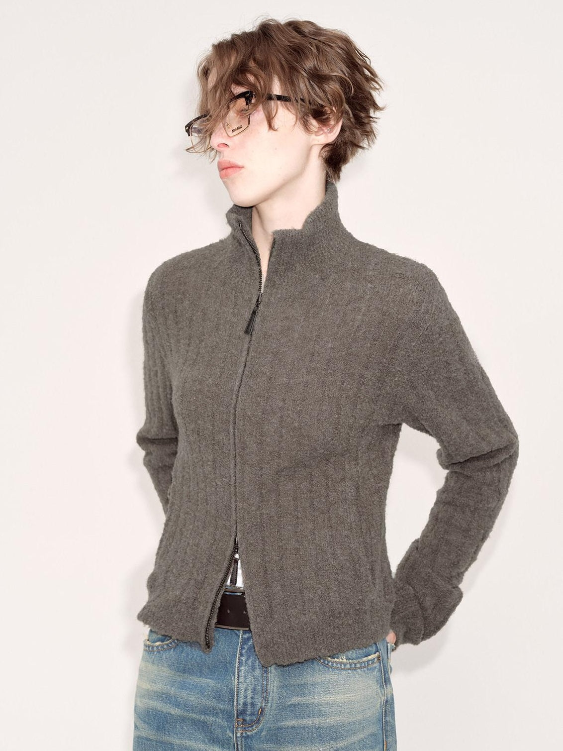 RUN TO THE FUTURE Acrylic Wool Blend Slim Zip High Neck Office Cropped Olive Cardigans