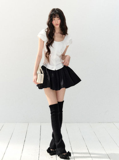 7Shiftin Puff Sleeve Two Piece Office Chic Women Crop T Shirt Basic Crop Tops