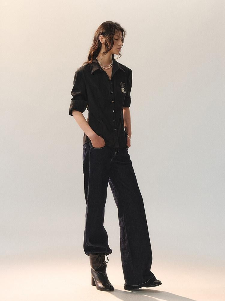 AnnoMundi Embroidered Lyocell Lace Slim Fit Double Collar Long Sleeve Women Black Blouses