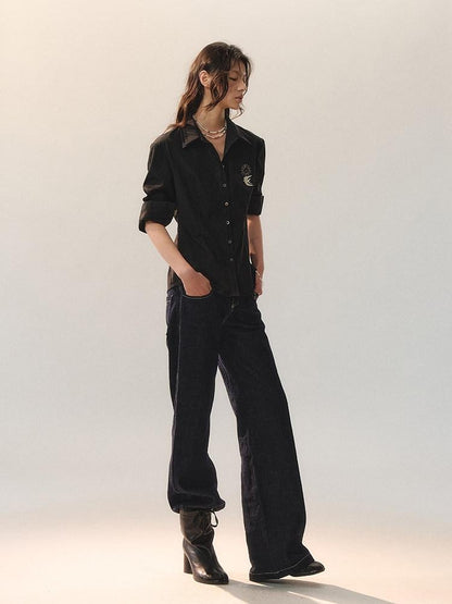 AnnoMundi Embroidered Lyocell Lace Slim Fit Double Collar Long Sleeve Women Black Blouses