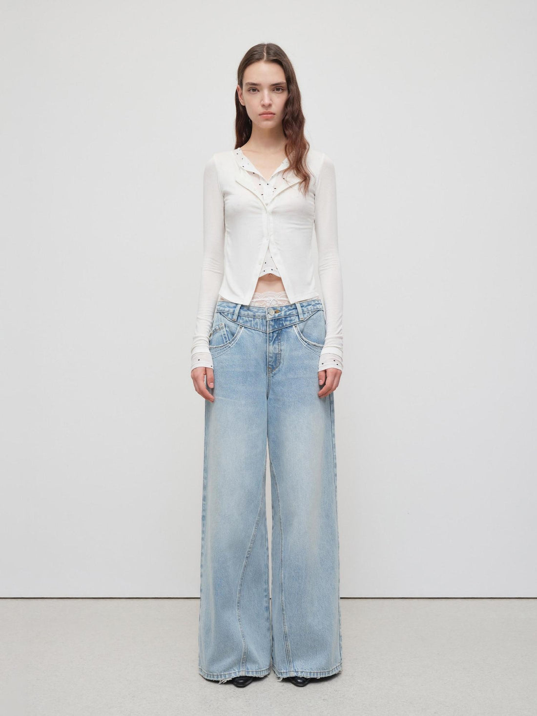 RUN TO THE FUTURE Light Blue Casual Loose Natural Waist Button Fly No Stretch Women Wide-Leg Jeans