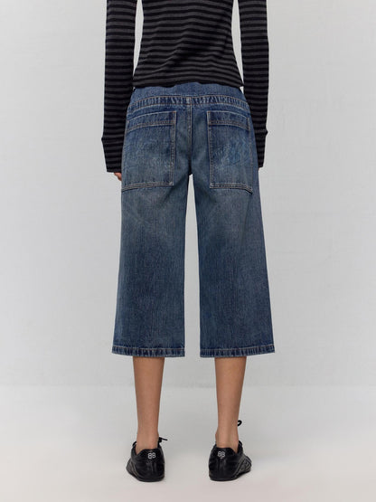 RUN TO THE FUTURE Washed Blue Denim Low Waist Relaxed Fit Casual Zipper Fly Wide-Leg Jeans