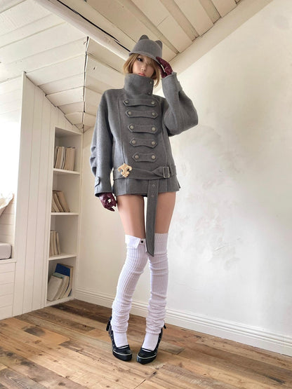 nit alcove Warm Wool Blend Pleated Biker Collar Unisex Double Breasted Cropped Wool Coats