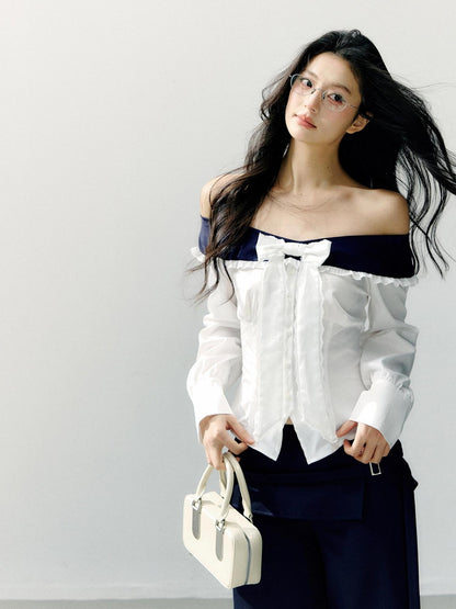 7Shiftin Slimming Off Shoulder Slim Fit Long Sleeve Cotton Bow White Blouses