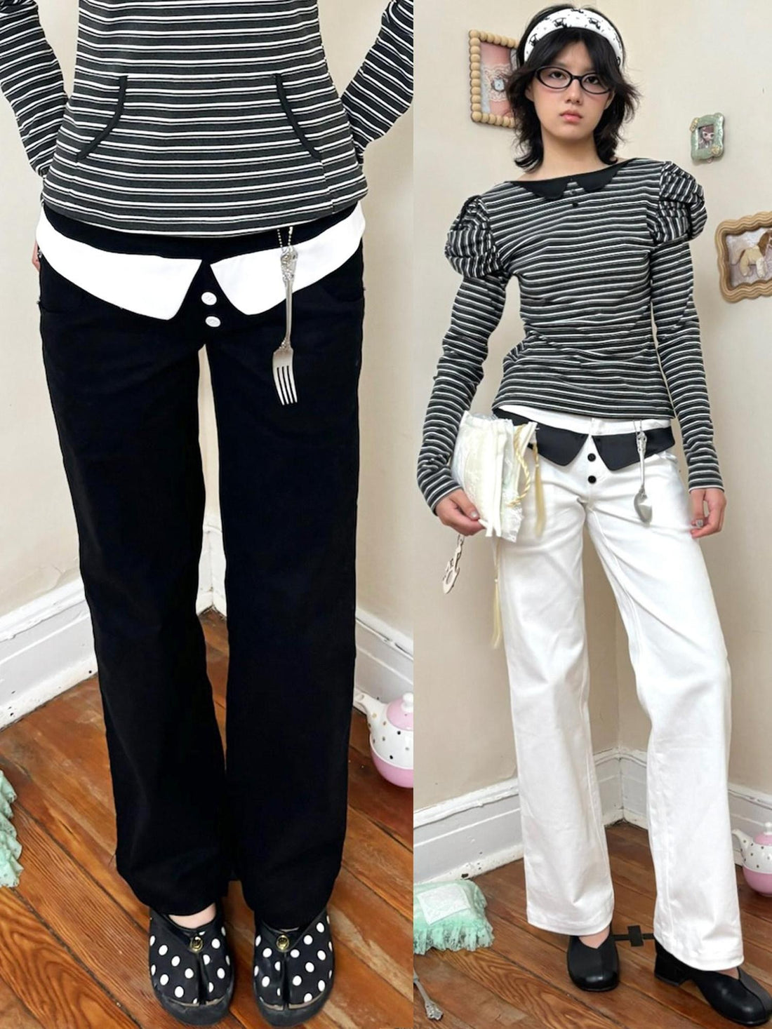 nit alcove Light Stretch Casual Dual Waist Natural Waist Unisex Black White Straight Pants