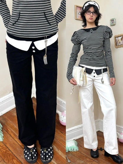 nit alcove Light Stretch Casual Dual Waist Natural Waist Unisex Black White Straight Pants