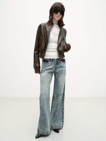 RUN TO THE FUTURE Vintage Washed Distressed Low Rise Durable Snow Blue Denim Women Straight Jeans