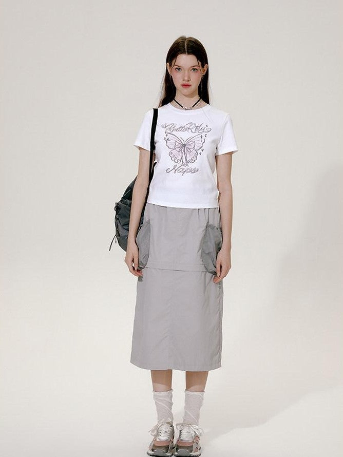 NAPSNAPS Hand Drawn Butterfly Print Slim Cropped Women&